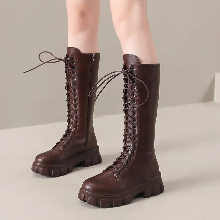 Faux Leather Knee High Lace Up Boots