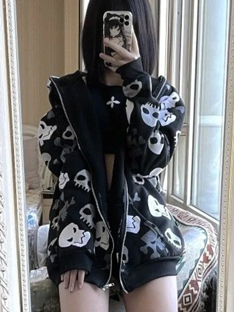 Cyberpunk Skull Print Zip-Up Goth Hoodie