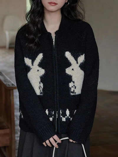 Acubi Cozy Knitted Rabbit Print Cardigan