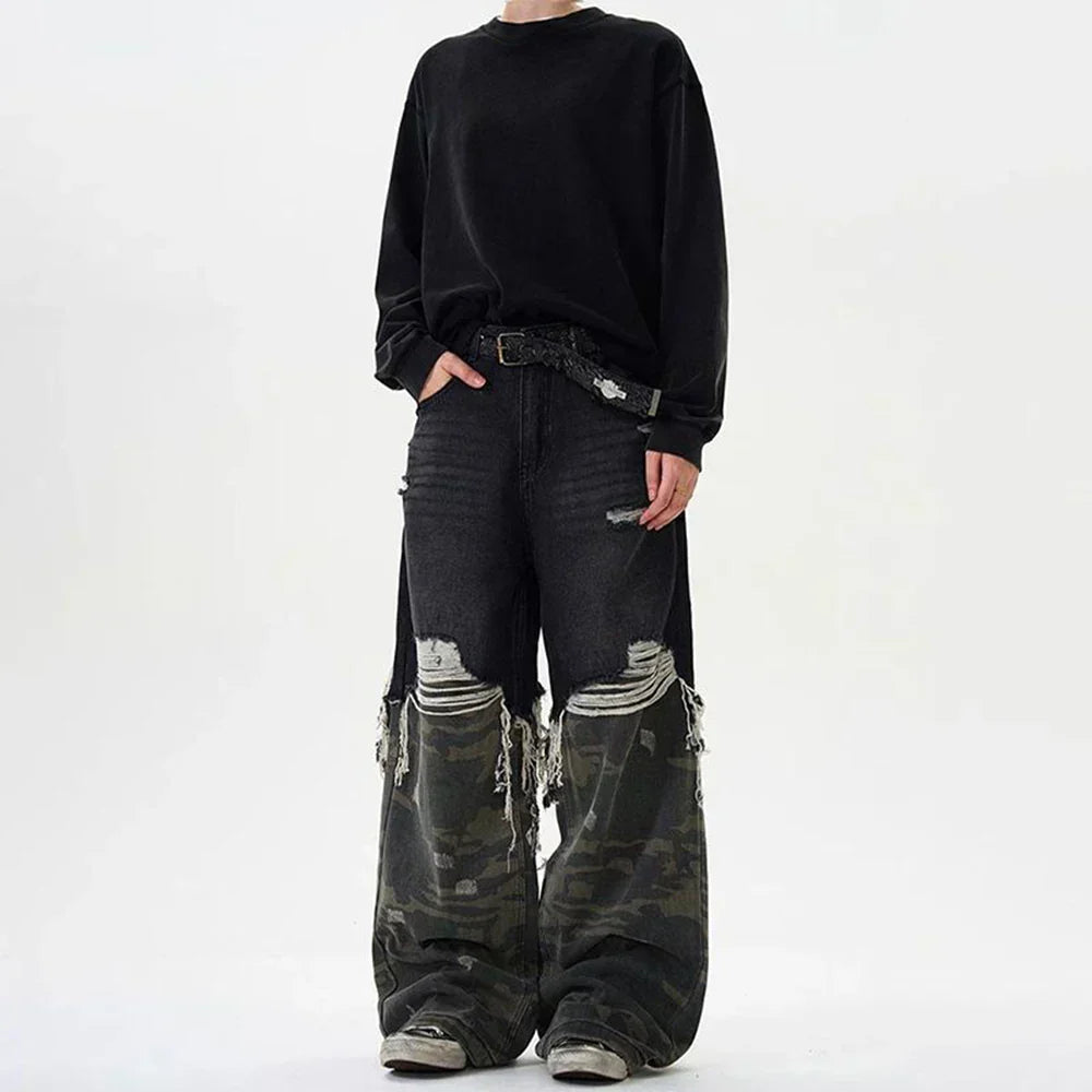 Y2K Camouflage Stitched Ripped Jeans