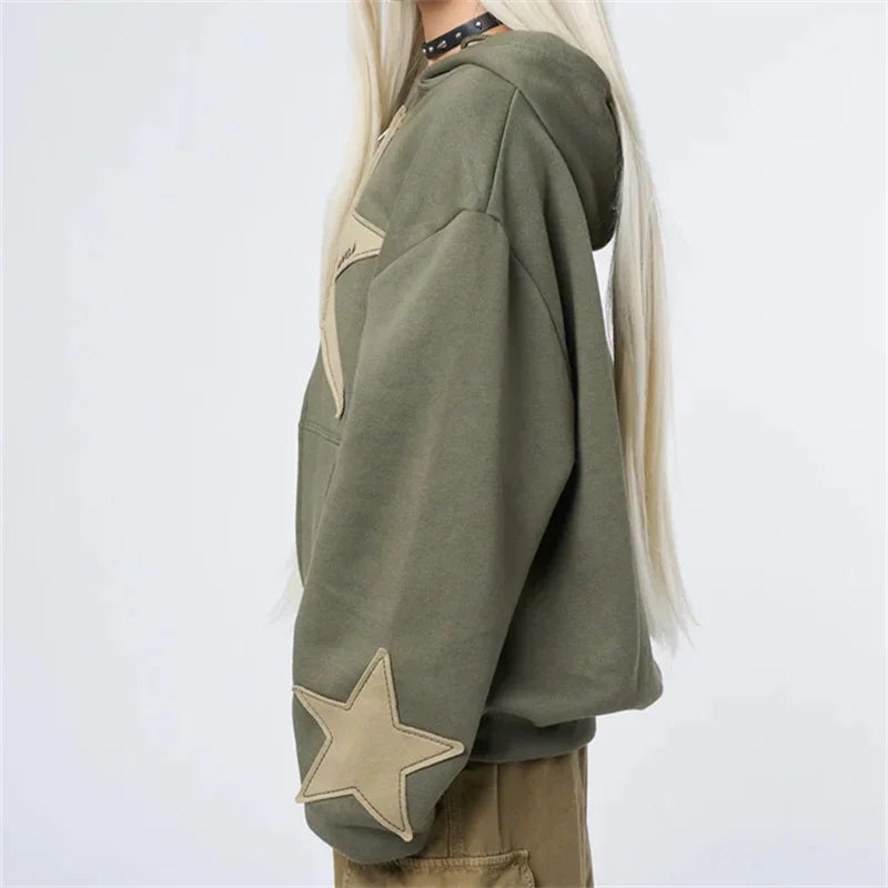 Star Patchwork Zip-Up Graphic Hoodie Shirt