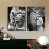 Black White Animals Baby Lion Family Poster