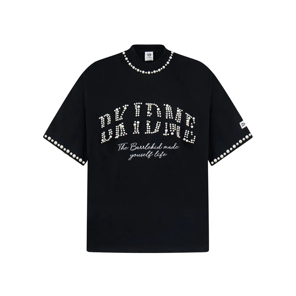 Embroidered Beading Crew Neck Short T-Shirt