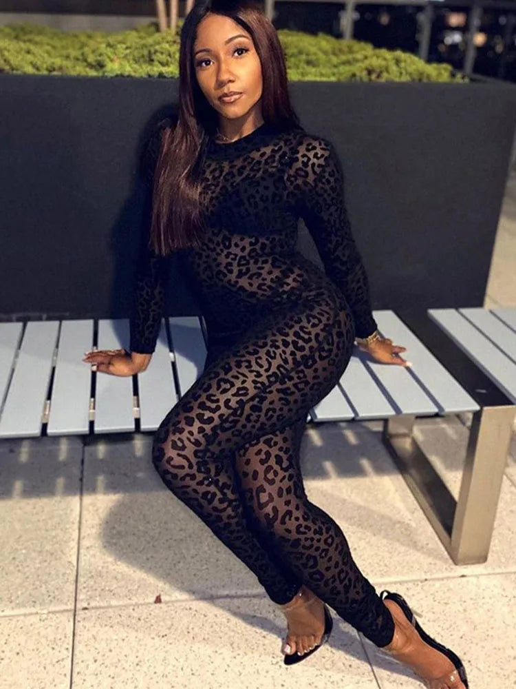 Animal Mesh Bodystocking Leopard Jumpsuit