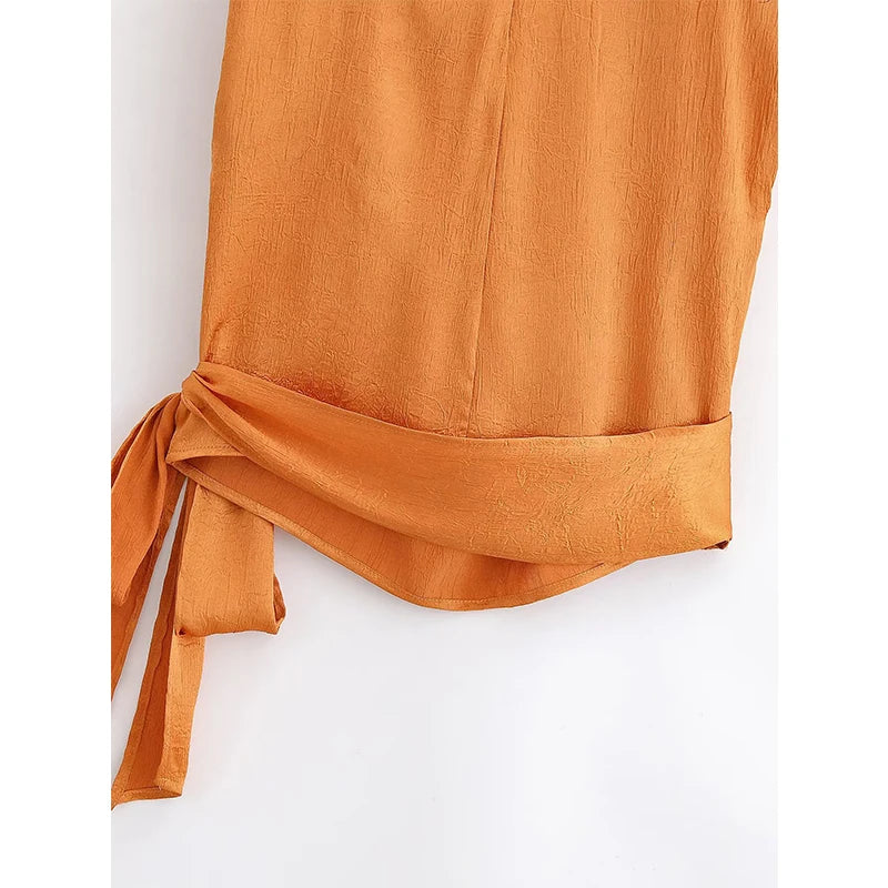 High Neck Sleeveless Satin Orange Blouse