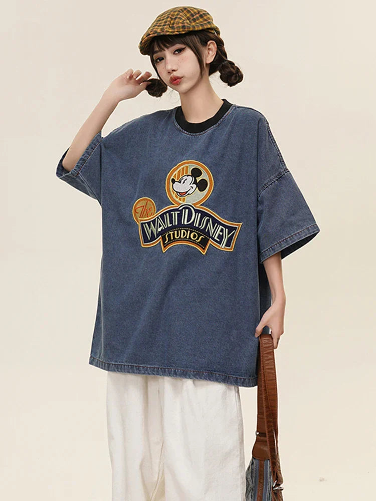 Oversize-T-Shirt aus Denim mit lustiger Stickerei