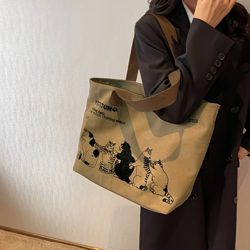 Vintage Cat Print Tote Bag