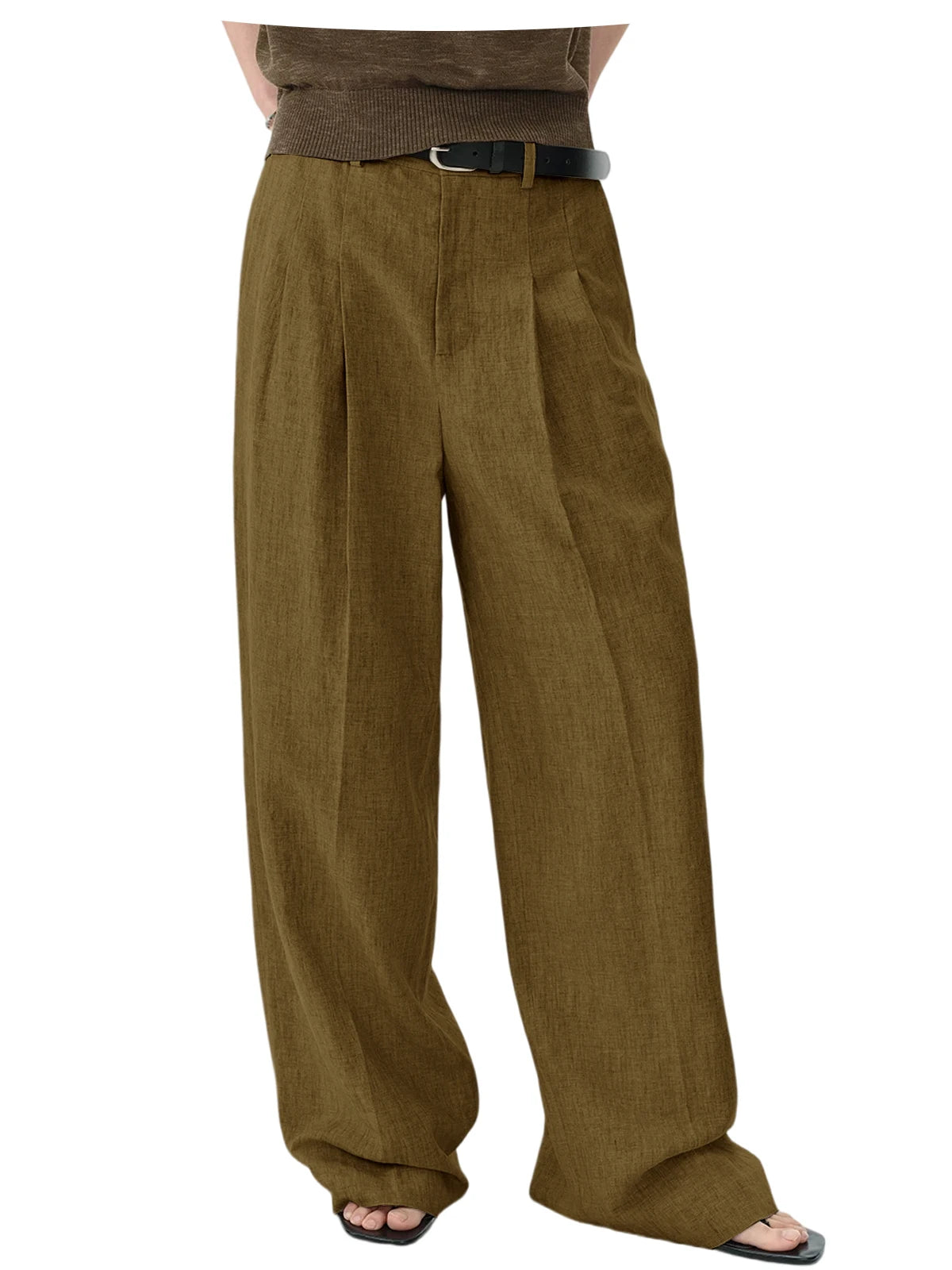 High Waist Pleated Linen Wide Leg Pants