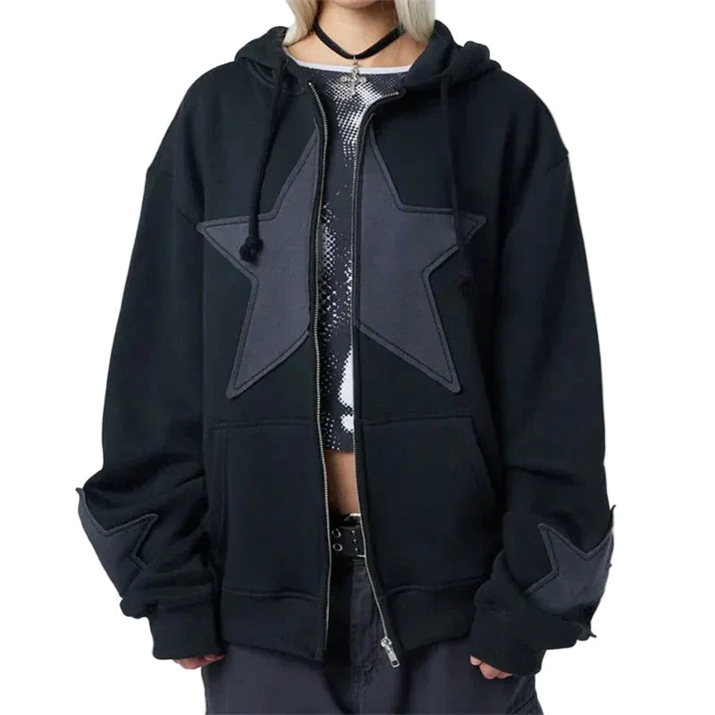 Star Patchwork Zip-Up Graphic Hoodie Shirt