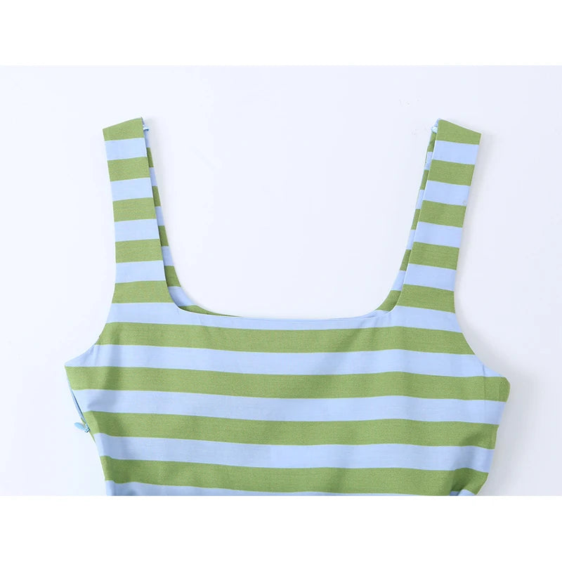 Casual Green Sleeveless Striped With Belted Midi Dress