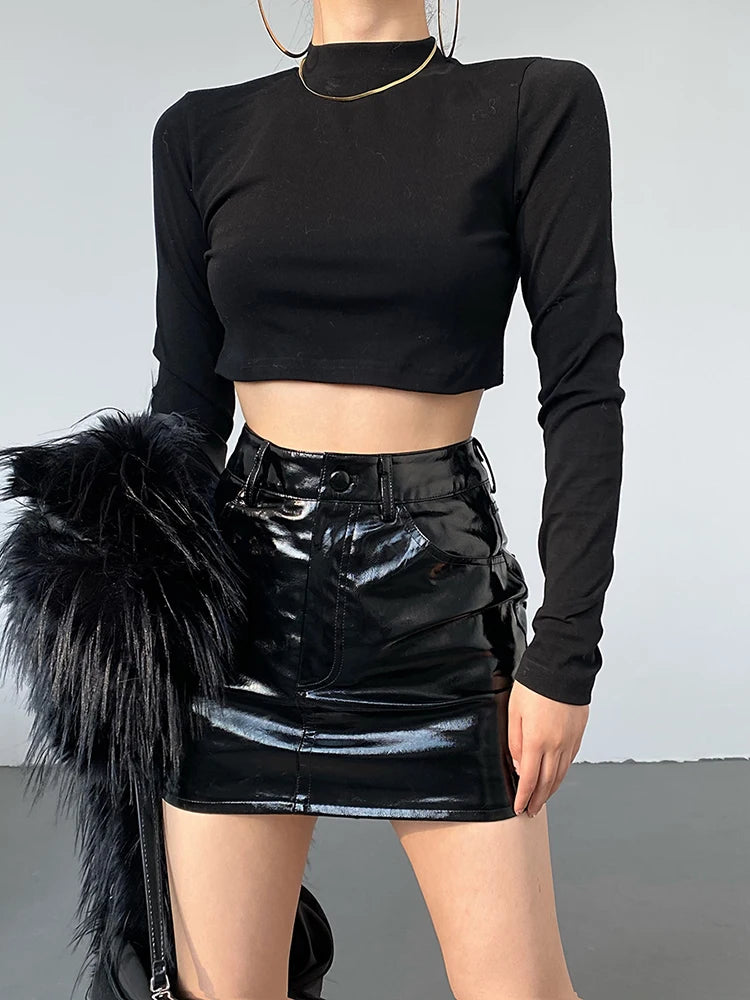 Pink Silver Reflective Shiny Leather Mini Skirts