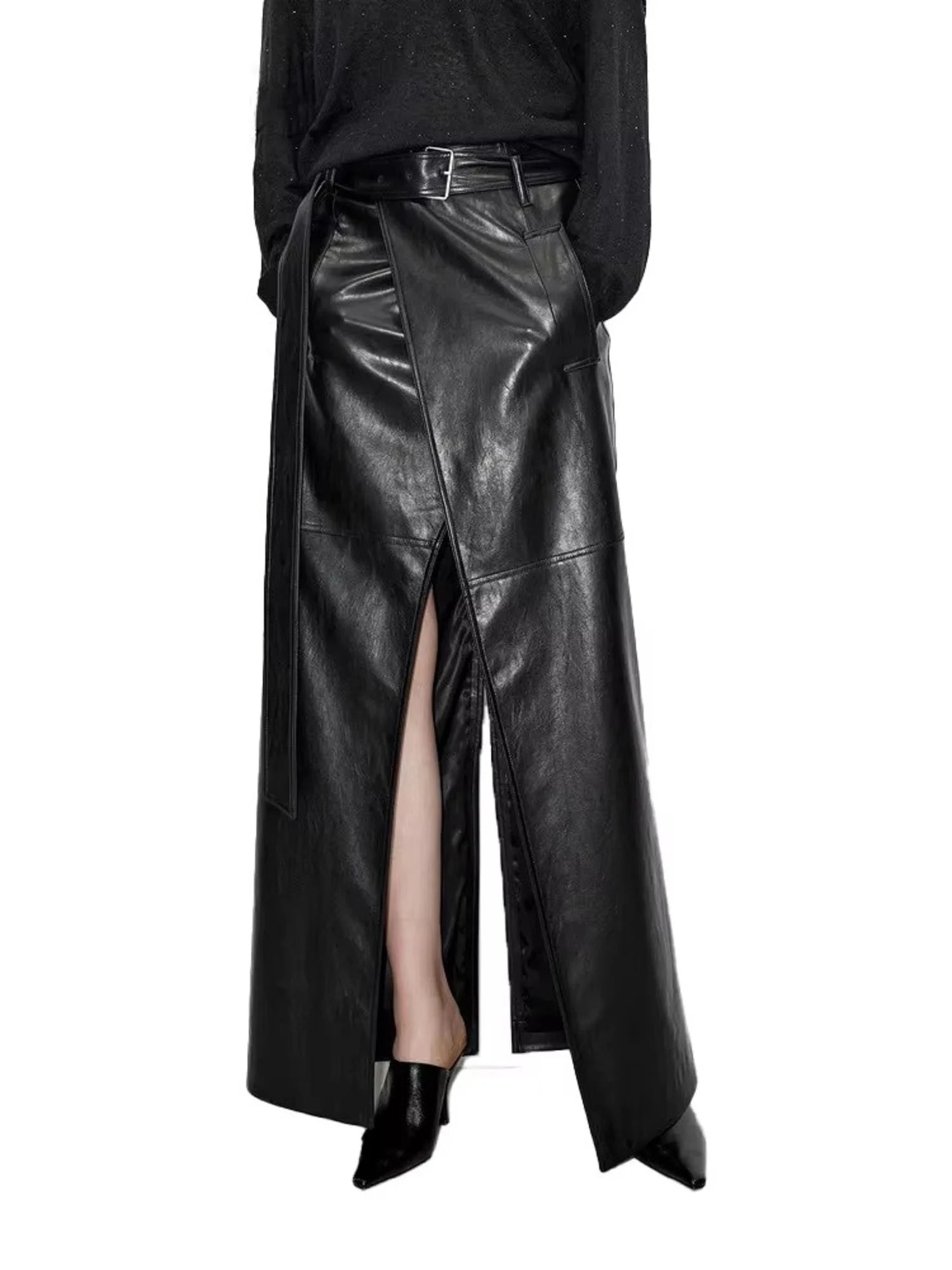 Shiny Black Soft Leather Floor Length Skirt