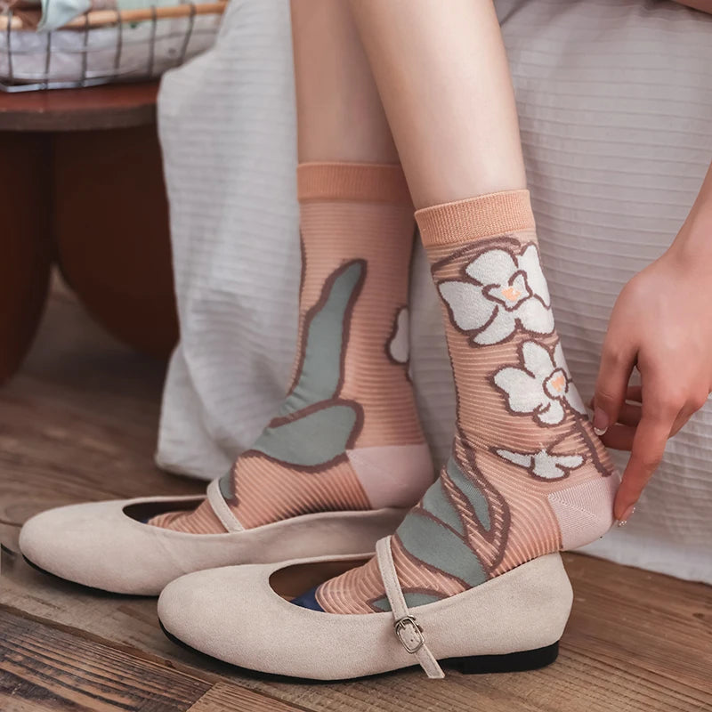 Trendy Summer Flower Breathable Transparent Socks