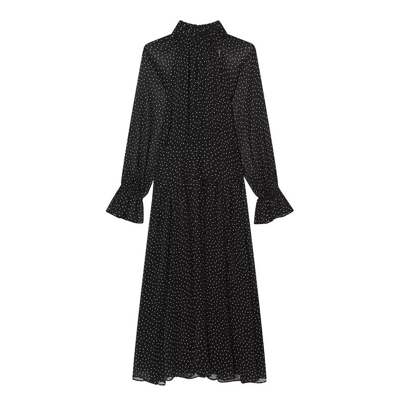 French Style Polka Dot High Neck Pleated Chiffon Dress