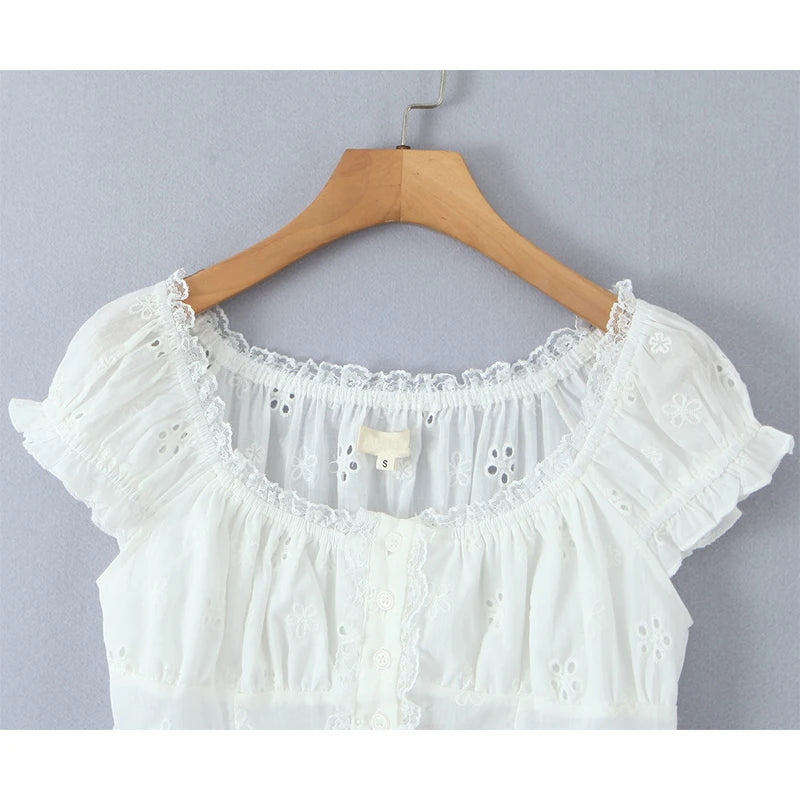 Embroidery Floral Crop White Shirt