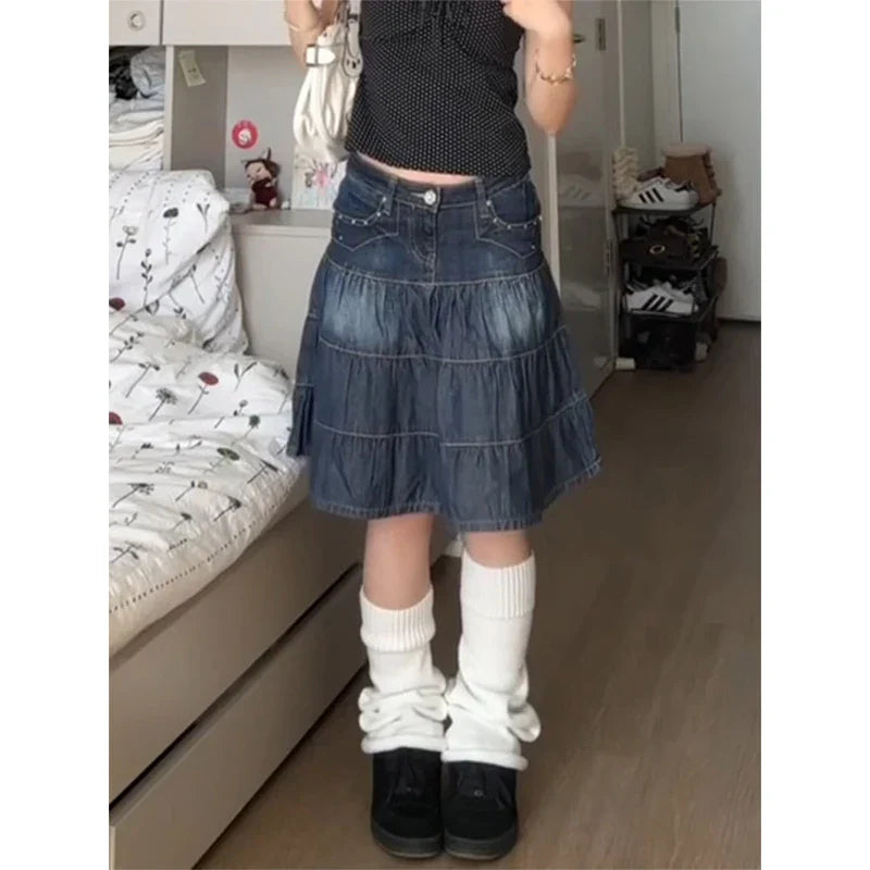 Vintage Pleated Denim Midi Skirt