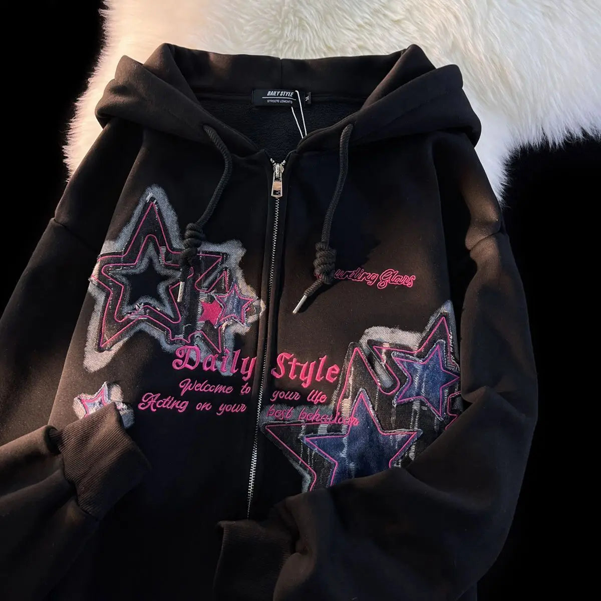Star Print Y2K Zip Up Hoodie
