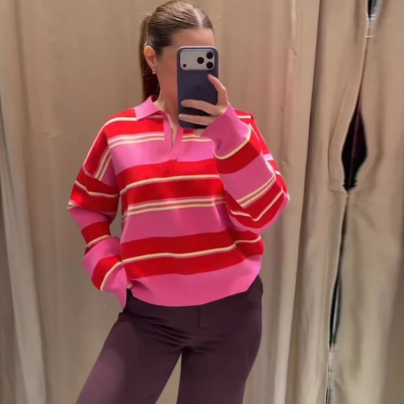 Women's Polo Stripped Colorful Sweater