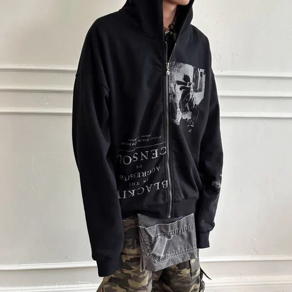 Gothic Punk Zipper Black Hoodie