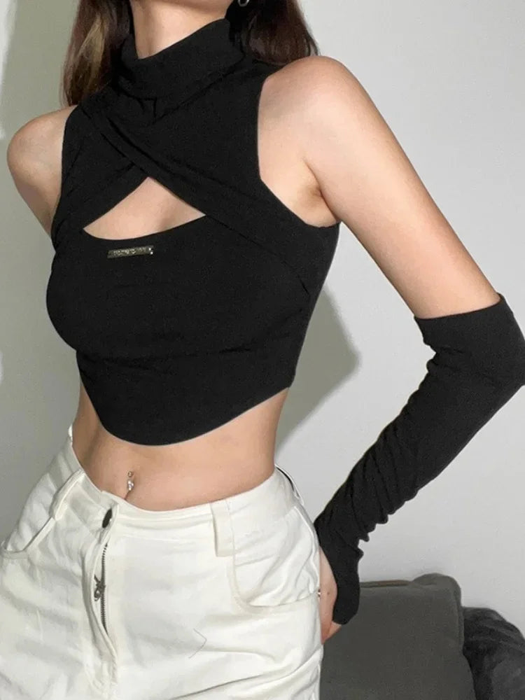 Hollow Out Turtleneck Y2k Black Tops