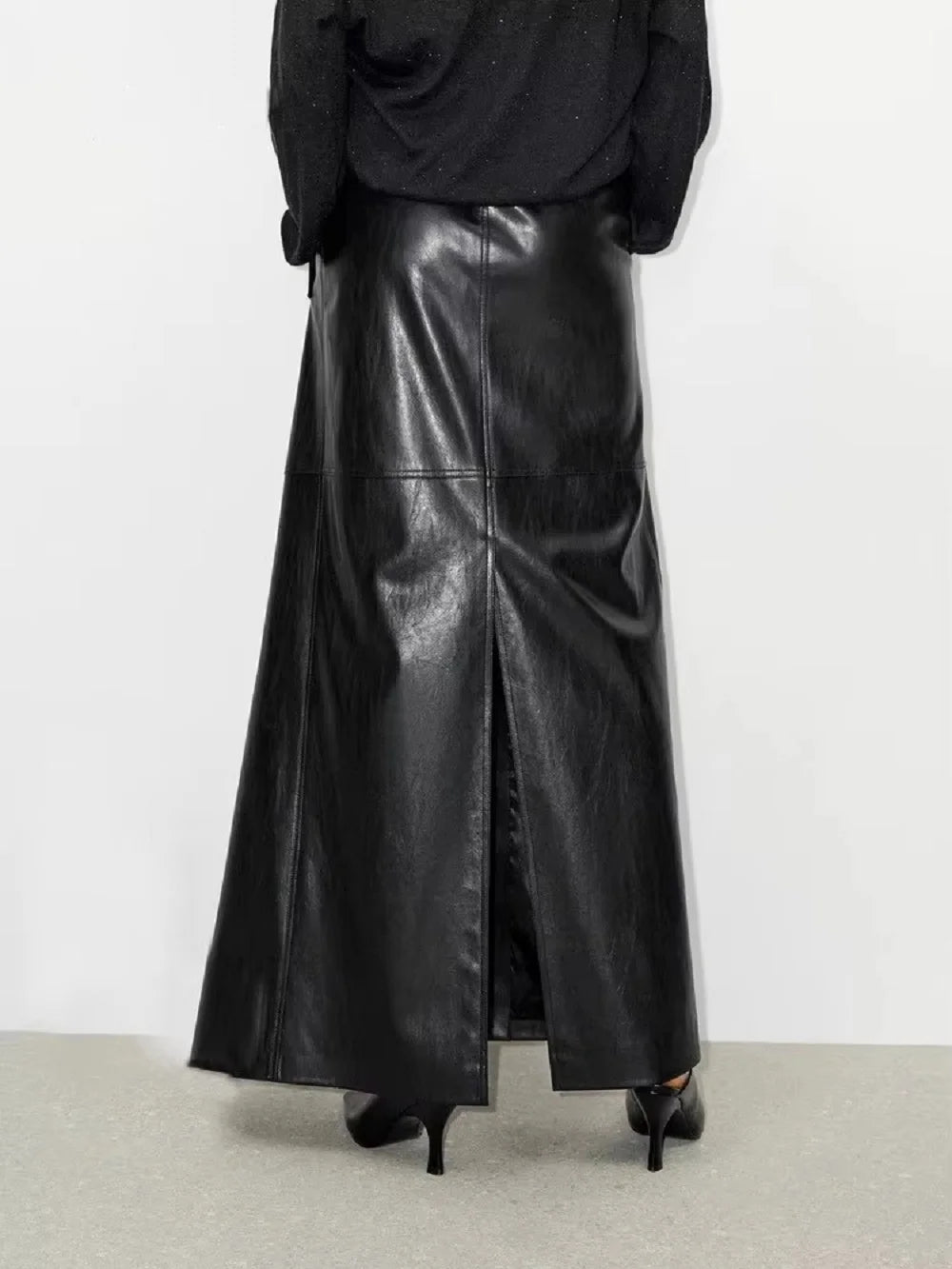 Shiny Black Soft Leather Floor Length Skirt