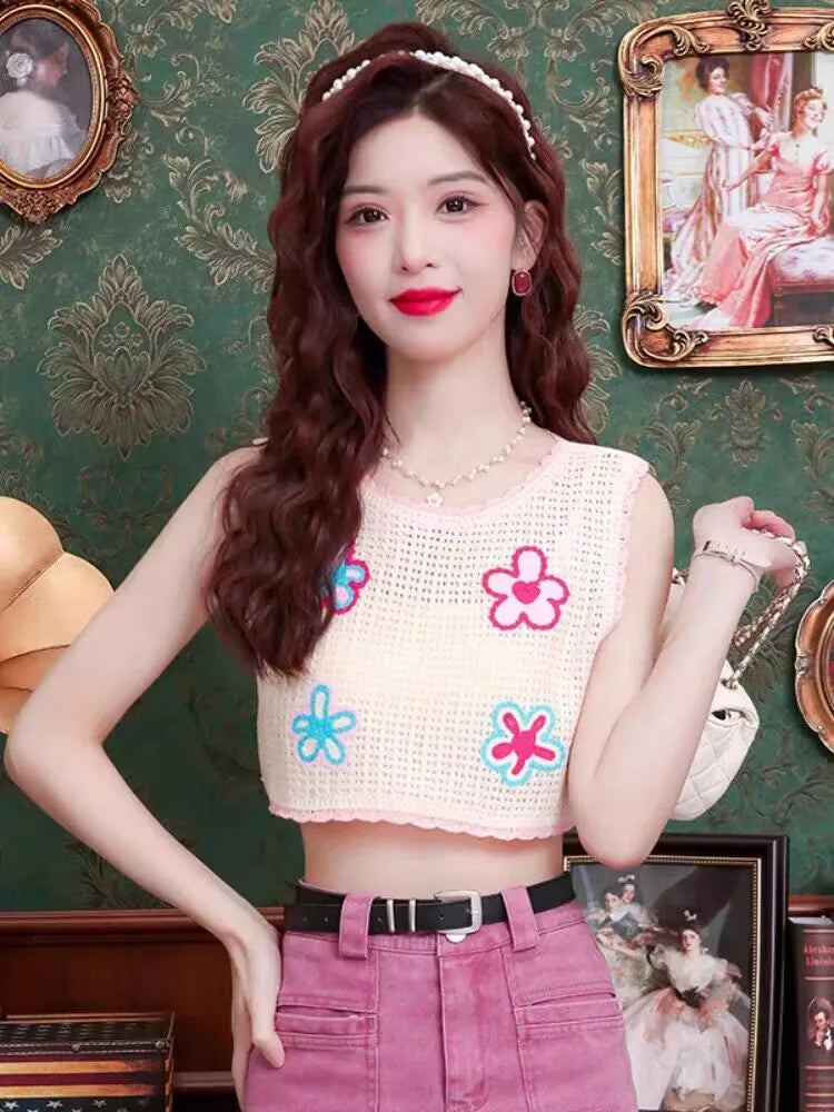Vintage Knitted Retro Crochet Women Cropped Tank Tops