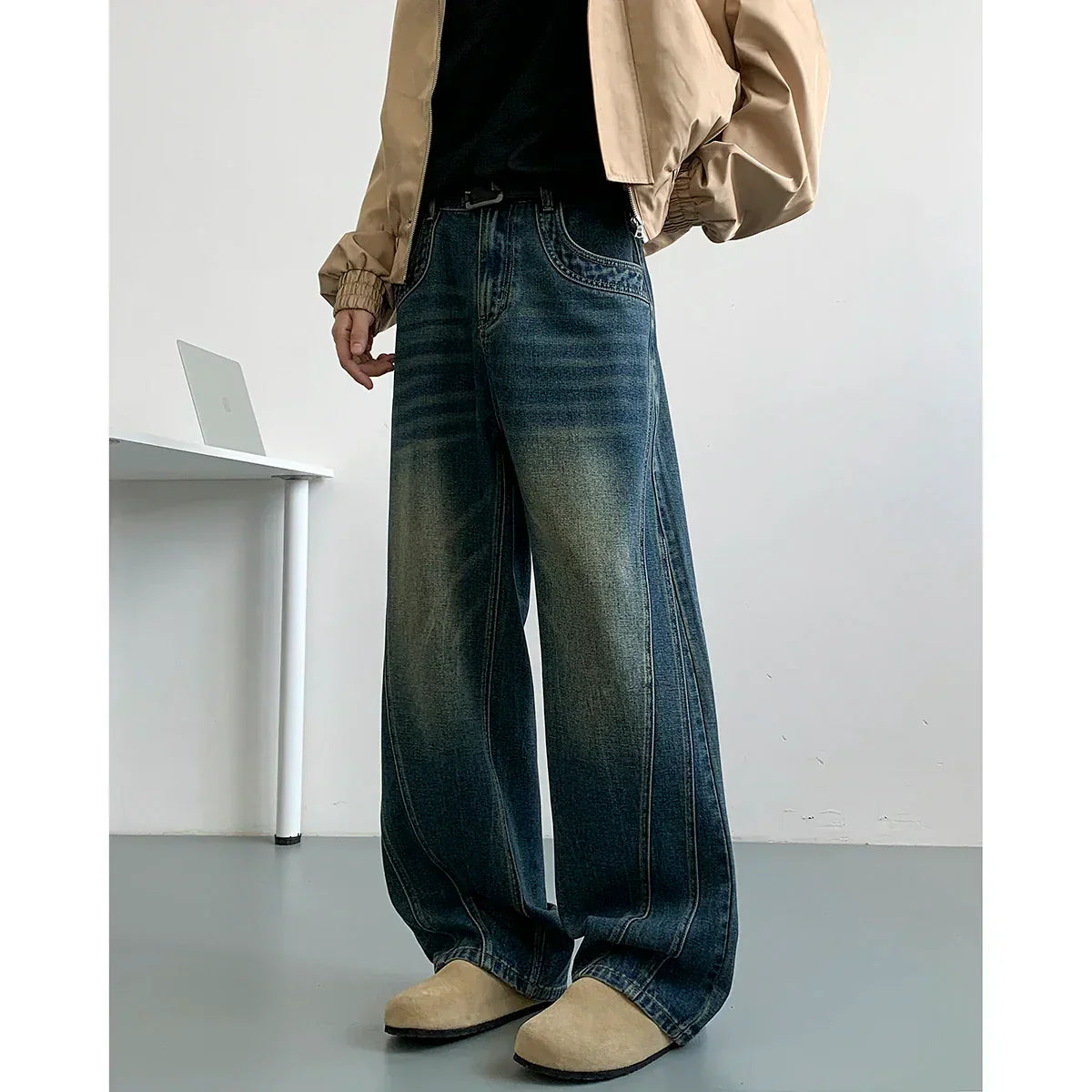 Blue Washed Wide Leg Denim Jeans