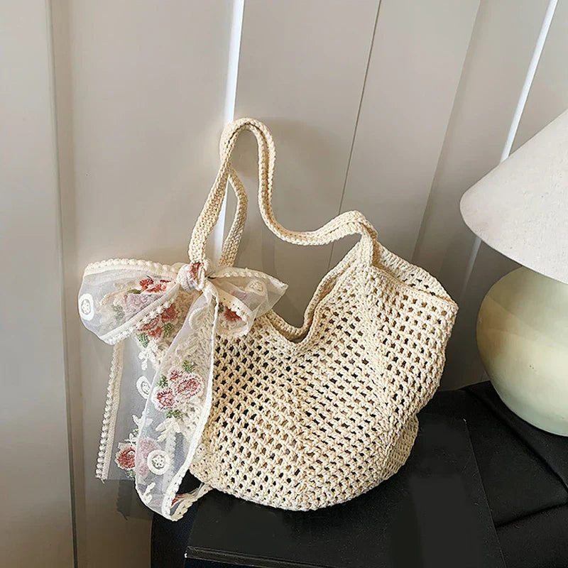 Summer Beach Tote Bag Solid Color Crochet