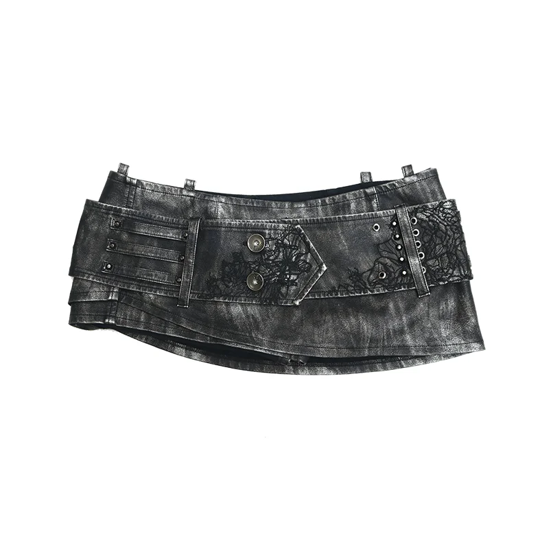Distressed Leather Mini Skirt with Embroidered Belt