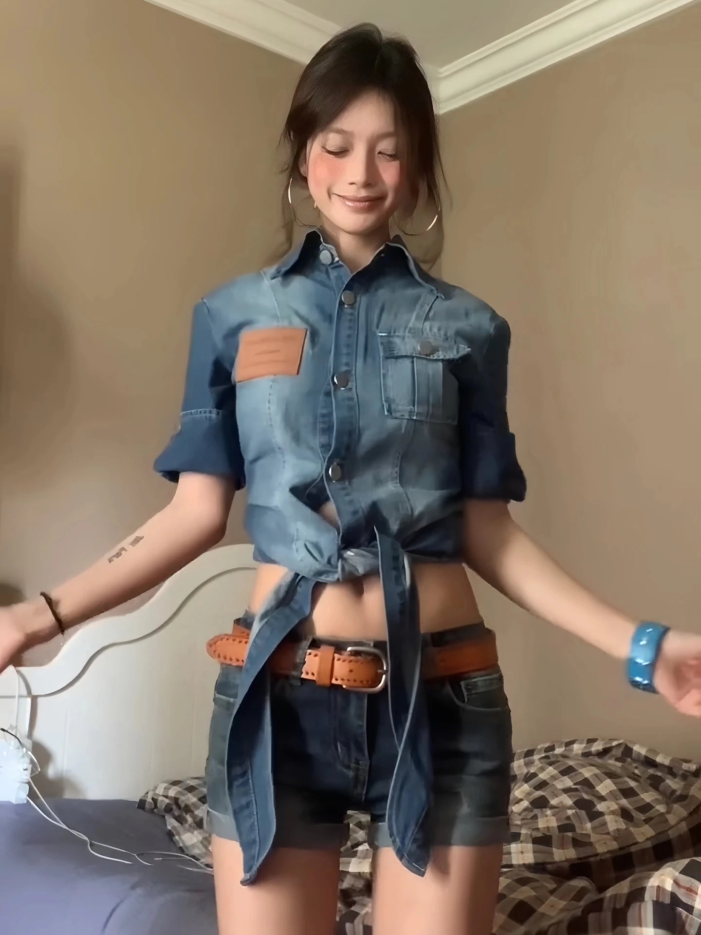 2000s Crop Denim Shirt Half Sleeve Blouse