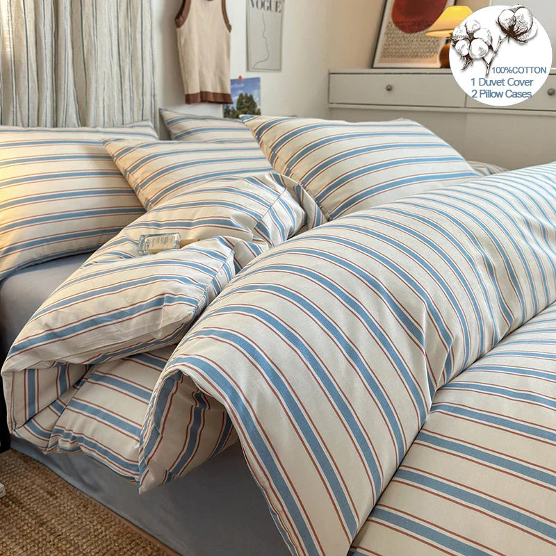 Blue Striped Cotton Bedding Set