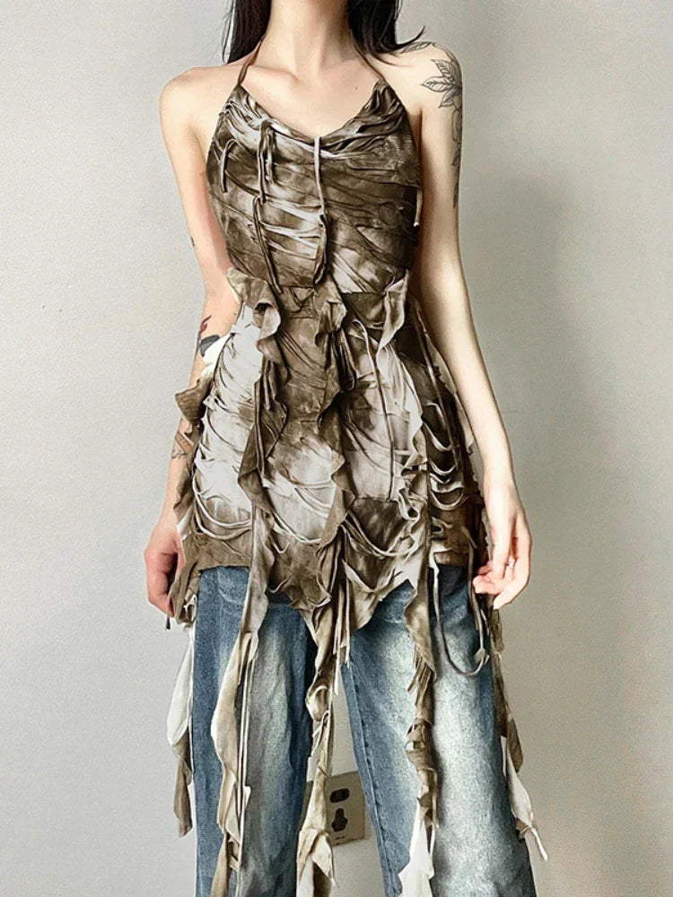 Rusty Grunge Patchwork Tassel Backless Dress
