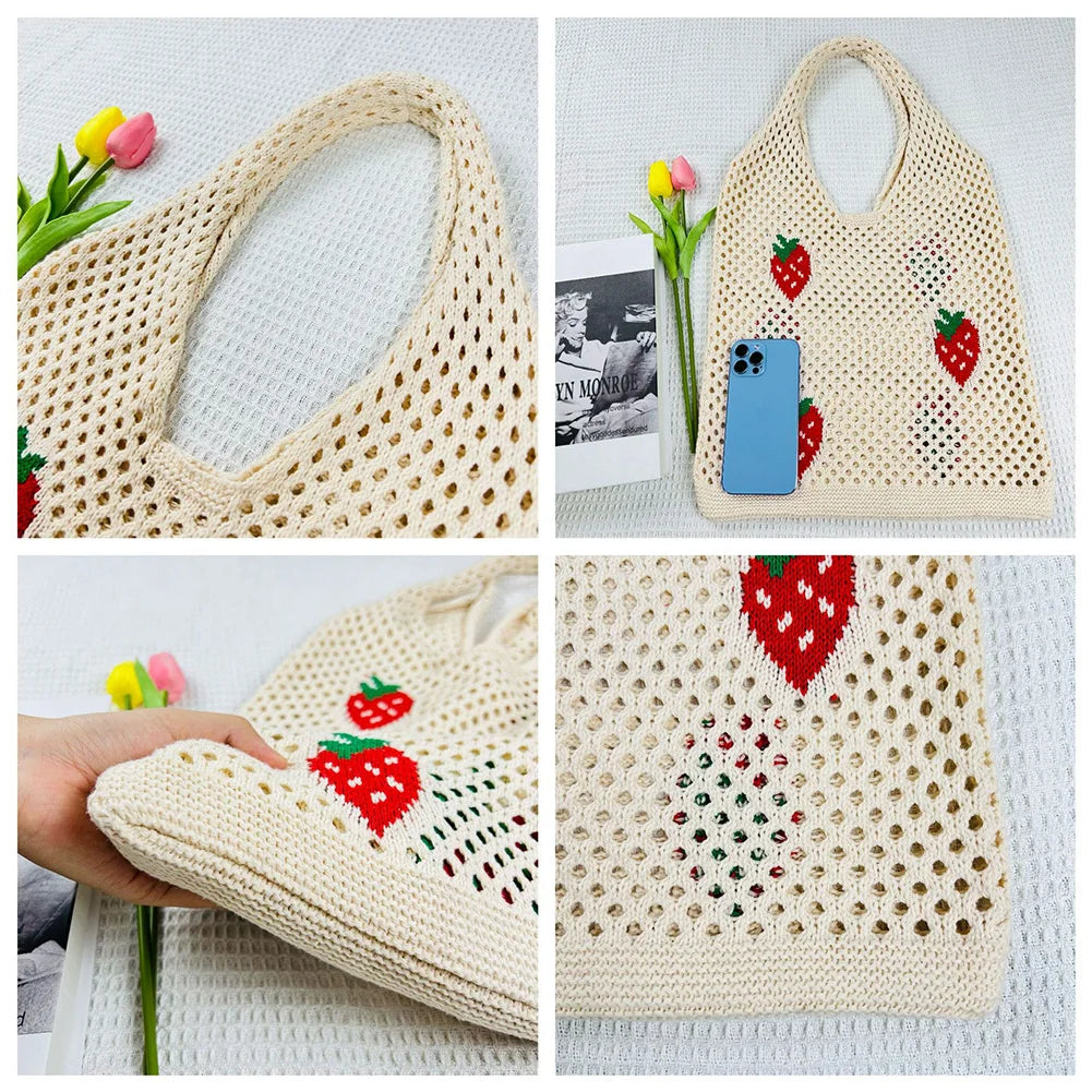 Vintage Strawberry Cherry Pattern Crochet Tote Bag