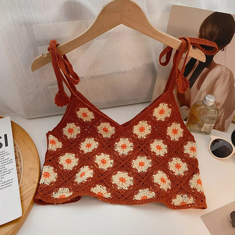 Vintage Floral Crochet Top with Tie Shoulder Strap