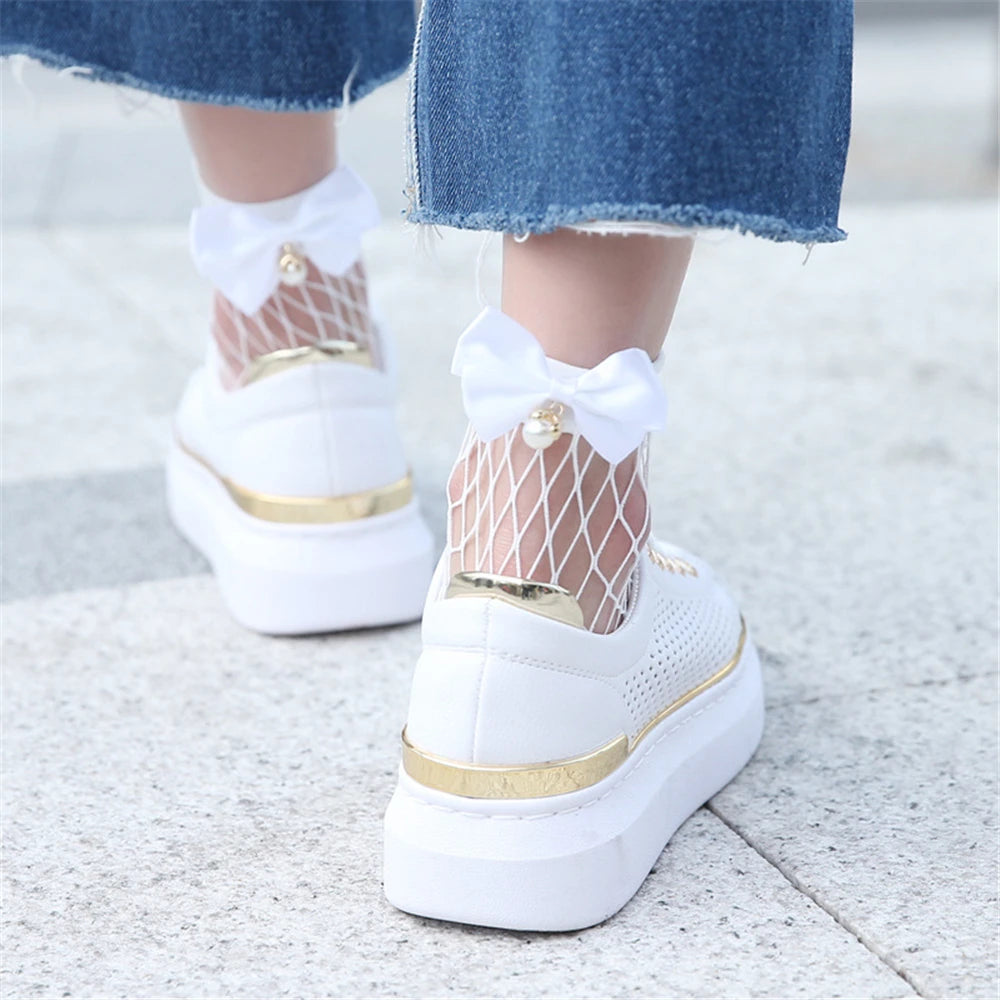 Ladies Fishnet Socks Heel With Bow Pearls Funny Breathable Socks
