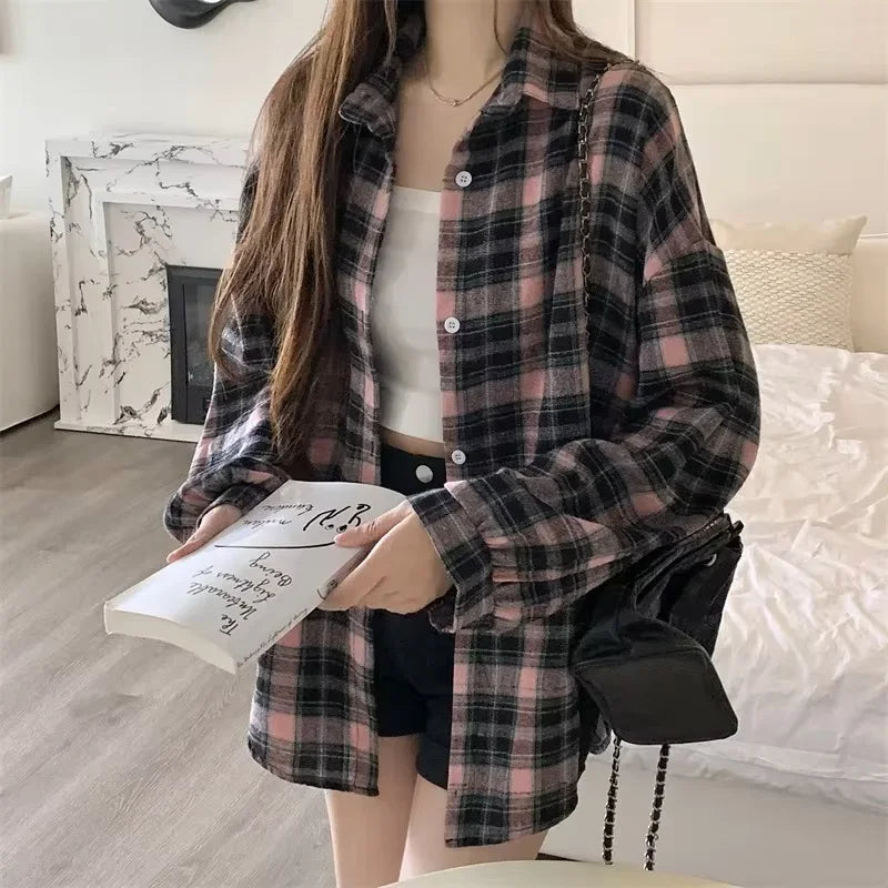 Oversized-Tartan-Jacken-T-Shirt mit Kragen