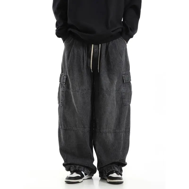 Drawstring Faded Wide Leg Cargo Jeans