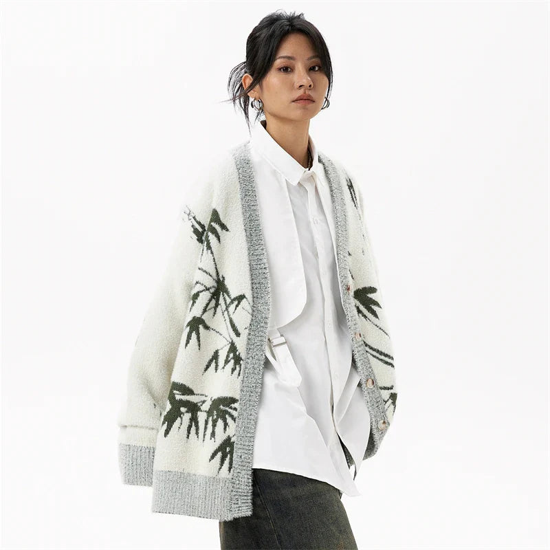 Bamboo Printed V-Neck Knitted Cardigan