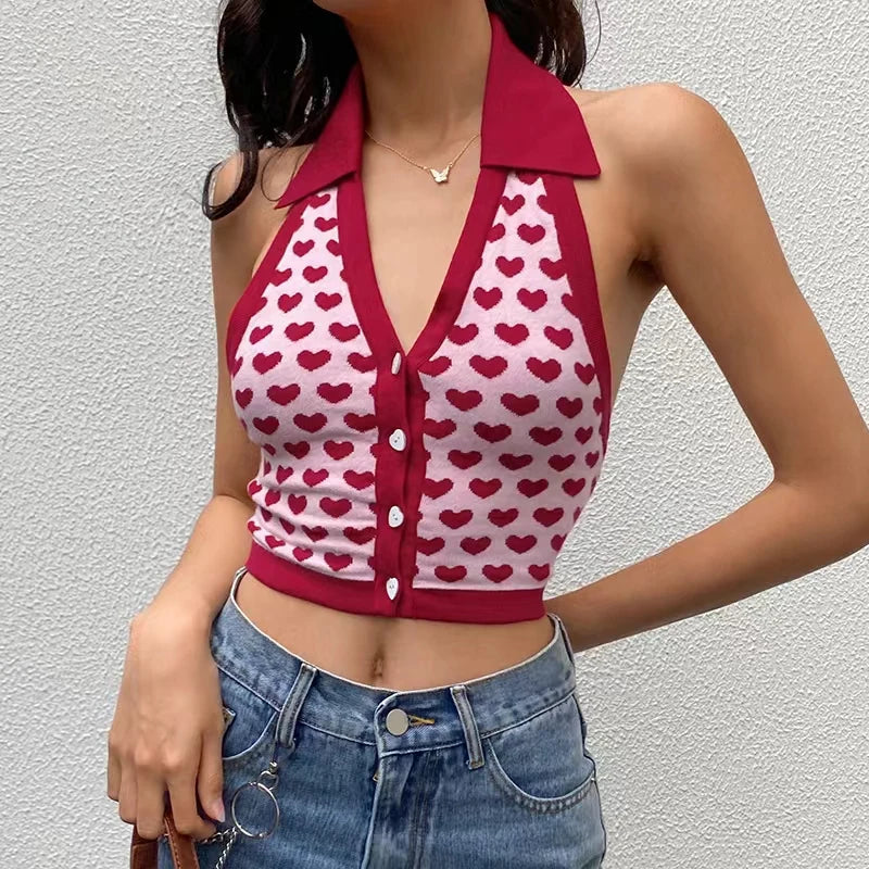 Heart Print Y2K Halter Crop T-Shirt