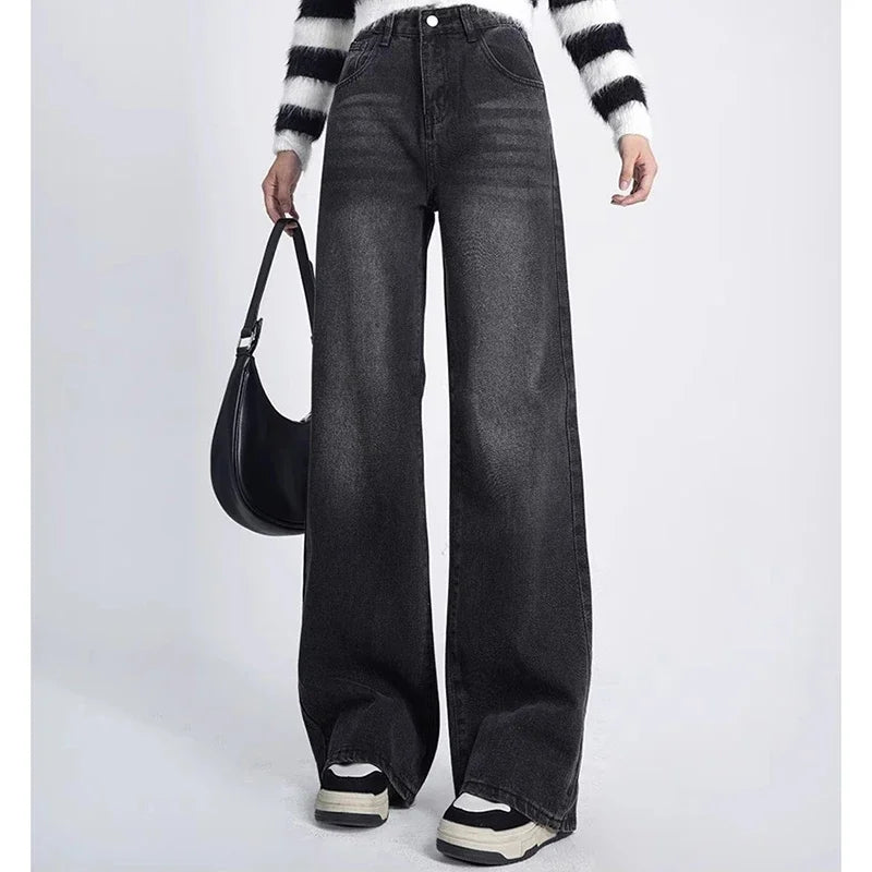 Retro Black Women's High Waist Wide Leg Jeans