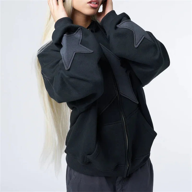 Star Patchwork Zip-Up Graphic Hoodie Shirt