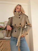 Belted Double Breasted Stand Collar Trench Coat