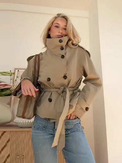 Belted Double Breasted Stand Collar Trench Coat