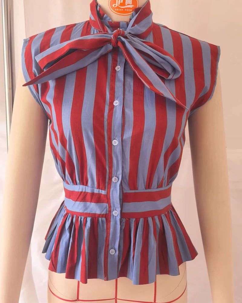 Old Money Bowknot Stripped Sleeveless Shirt