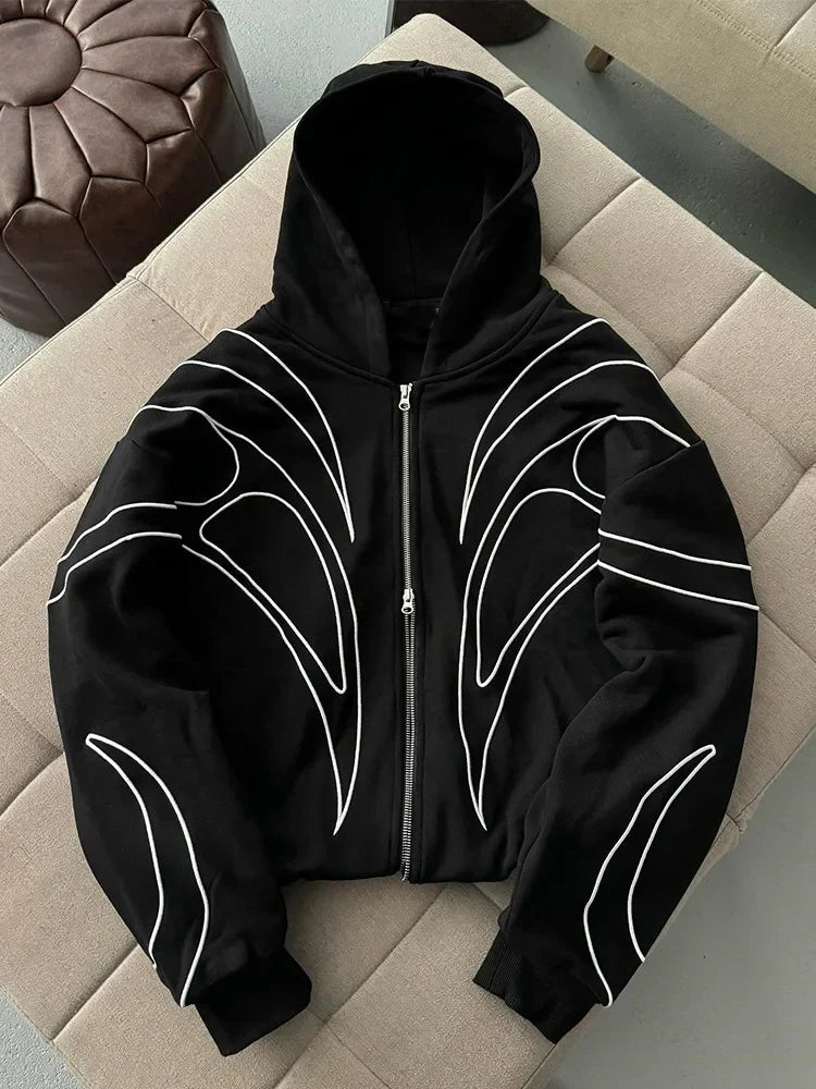 Y2K Striped Zip-up Black Hoodie