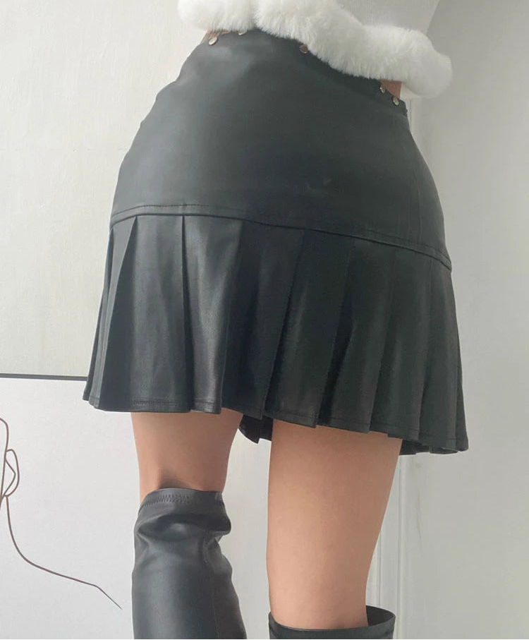 Sexy Retro  Leather Mini Pleated Skirt