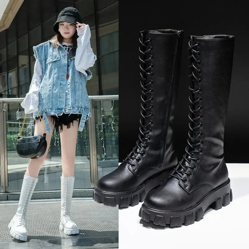 Faux Leather Knee High Lace Up Boots