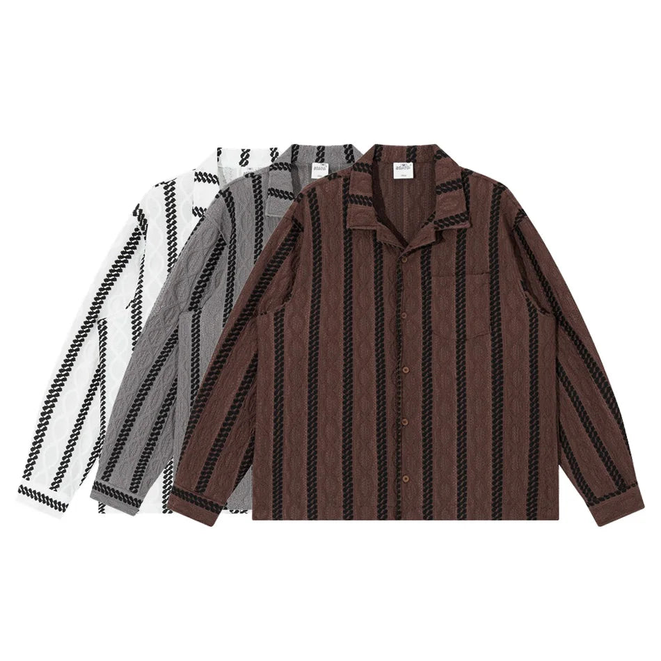 Gestreiftes Jacquard-Langarmhemd mit Kubakragen