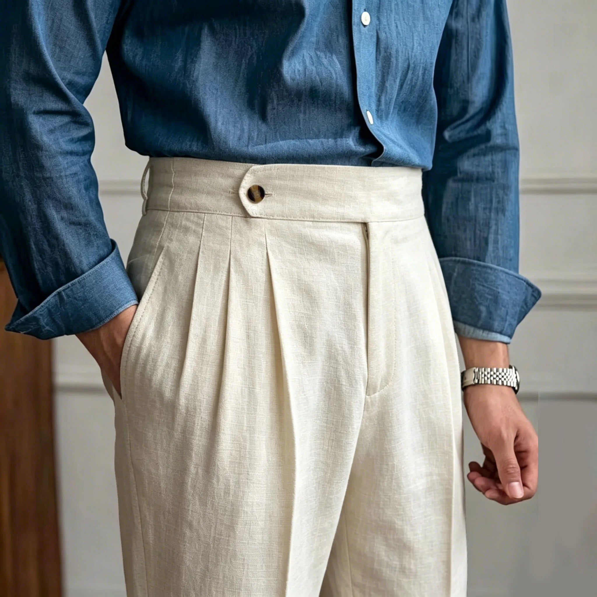 Classic Italian Naples Style Linen Men Pants