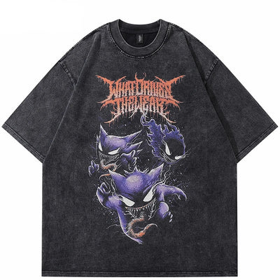 Camiseta vintage negra lavada con gráfico de diablo